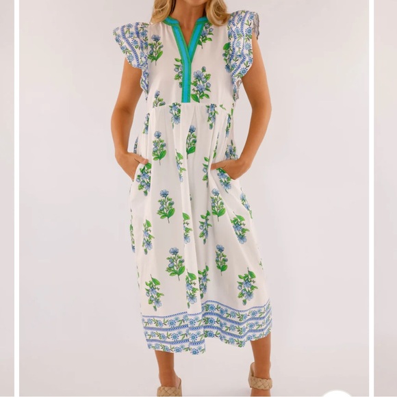 entro Dresses & Skirts - entro White Midi Dress with Blue Floral Print and Green Trim